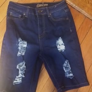 Darkwash Ripped Distressed Bermuda Shorts